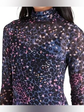 Steve Madden Sheer Mock Neck Leopard Print Top in Black, Purple and Pink